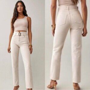Reformation Cynthia Belted High Rise Straight Leg Jeans Bonnie Cream Size 28